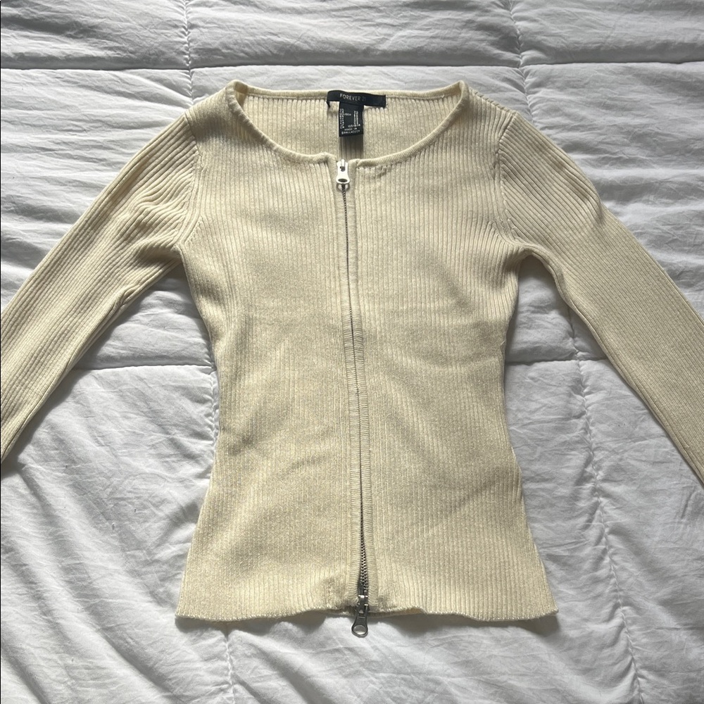 Forever 21 Cream Ribbed Zip-Up Knit Top